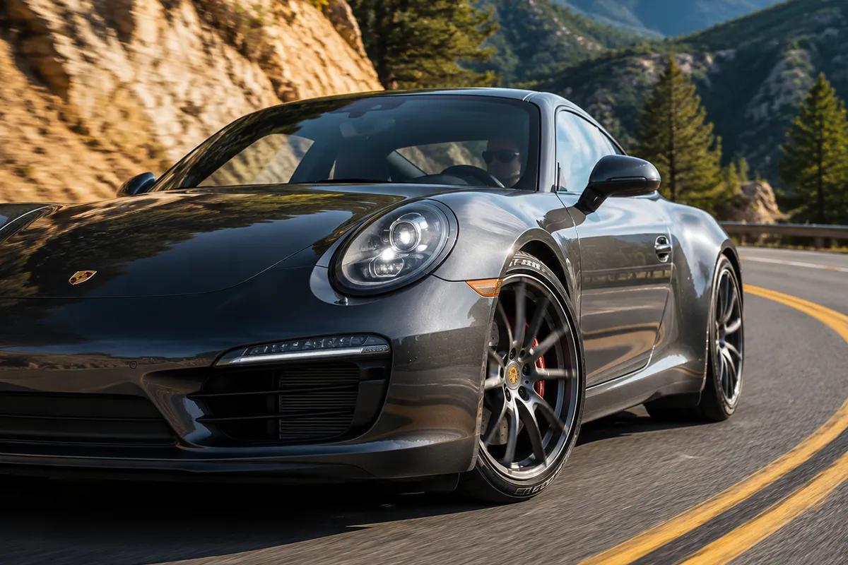 Performance sports car cornering on Pirelli P Zero tires on a mountain road