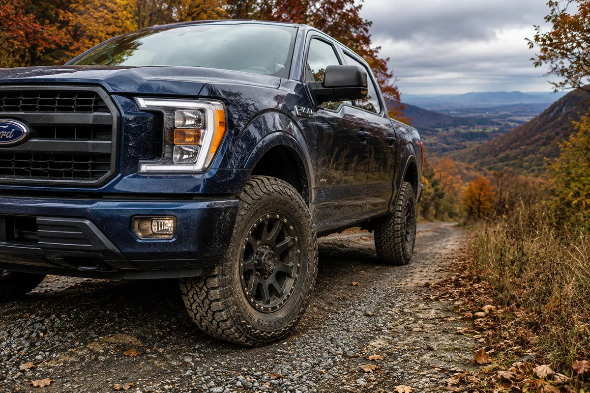 Ford F-150 fitted with Cooper Discoverer AT3 4S all-terrain tires on a gravel forest road