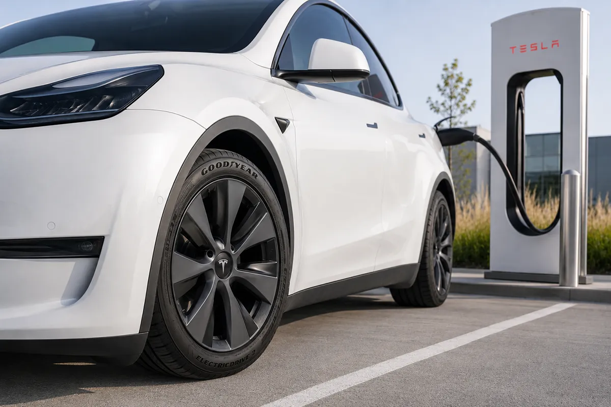 Tesla Model Y fitted with Goodyear ElectricDrive 2 tires at an EV charging station