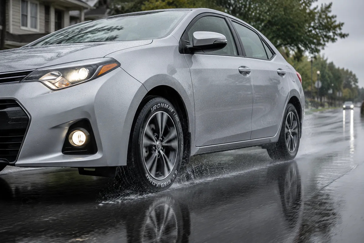 Compact sedan fitted with Ironman iMOVE GEN 3 AS all-season tires driving in the rain