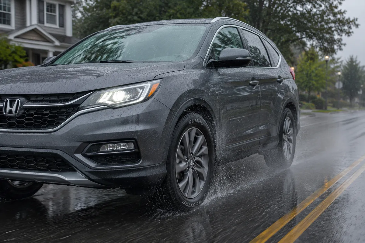 Honda CR-V fitted with Kumho Solus 4S all-weather tires driving in the rain