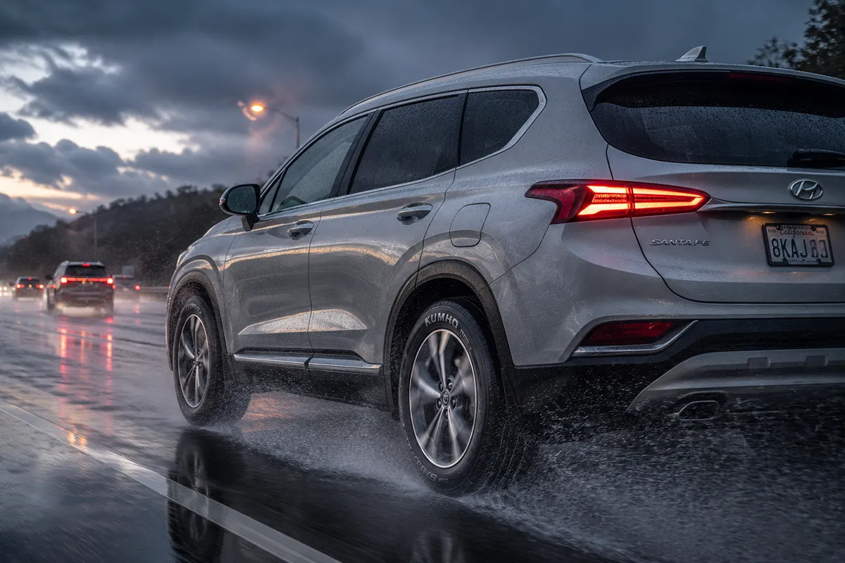 Mid-size SUV fitted with Kumho Crugen HT51 tires driving on a wet highway