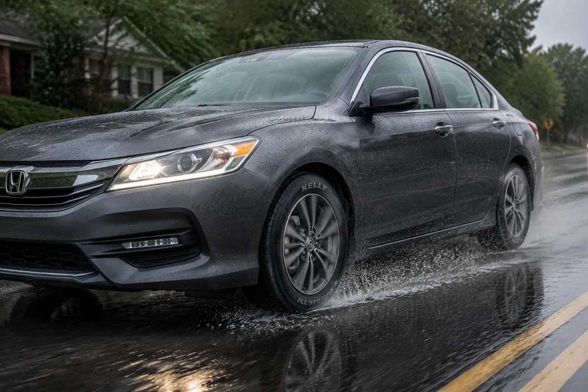 Sedan fitted with Kelly all-season tires driving in the rain