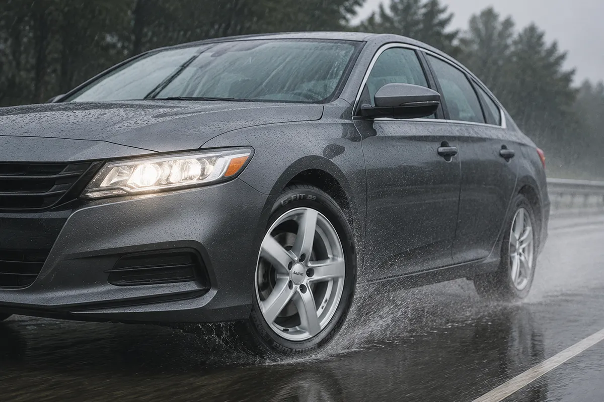 Sedan fitted with Laufenn G FIT AS all-season tires driving in the rain