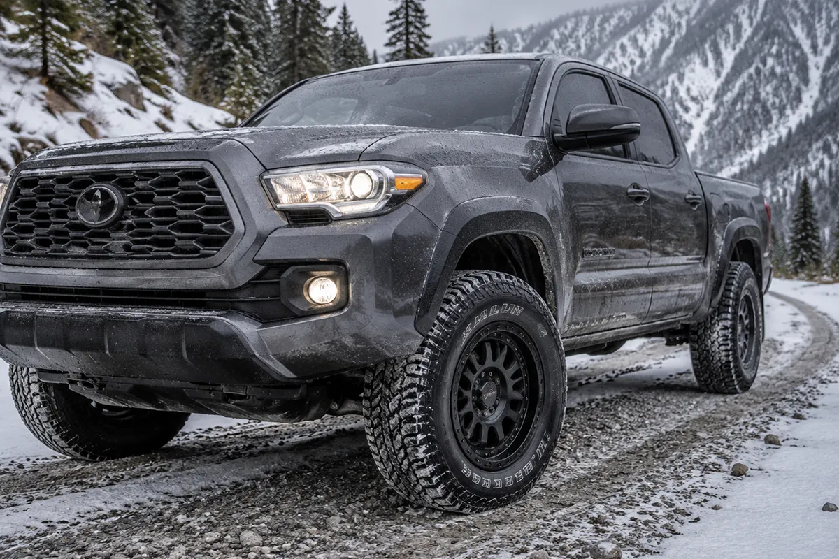 Pickup truck fitted with Sailun Terramax A/T all-terrain tires on a snowy gravel road