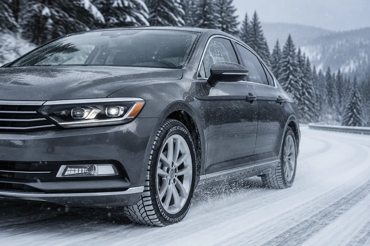 Sedan fitted with Nokian Hakkapeliitta R5 winter tires driving on a snowy road