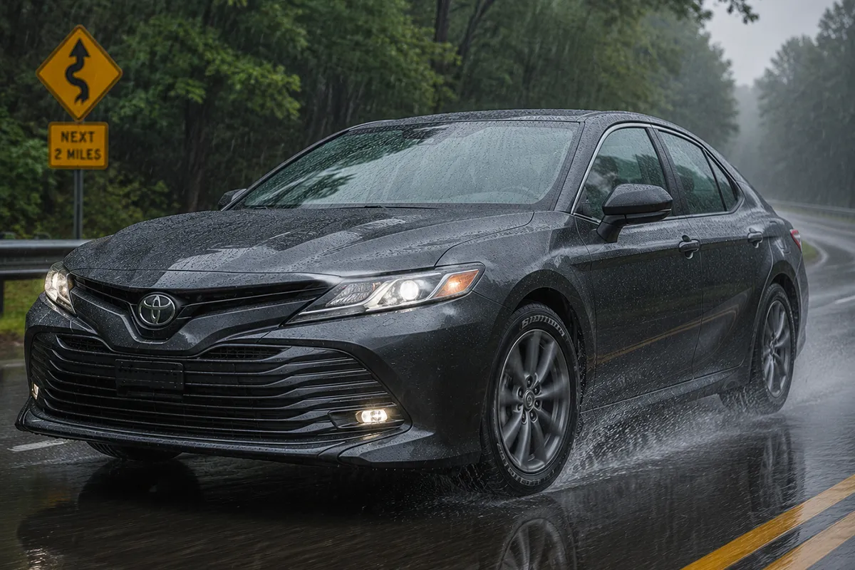 Sedan fitted with Sumitomo HTR A/S P03 all-season tires driving in the rain
