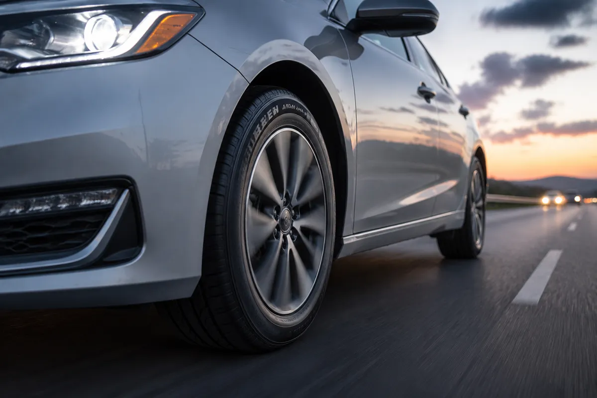 Mid-size sedan fitted with Nexen Aria AH7 all-season touring tires on the highway
