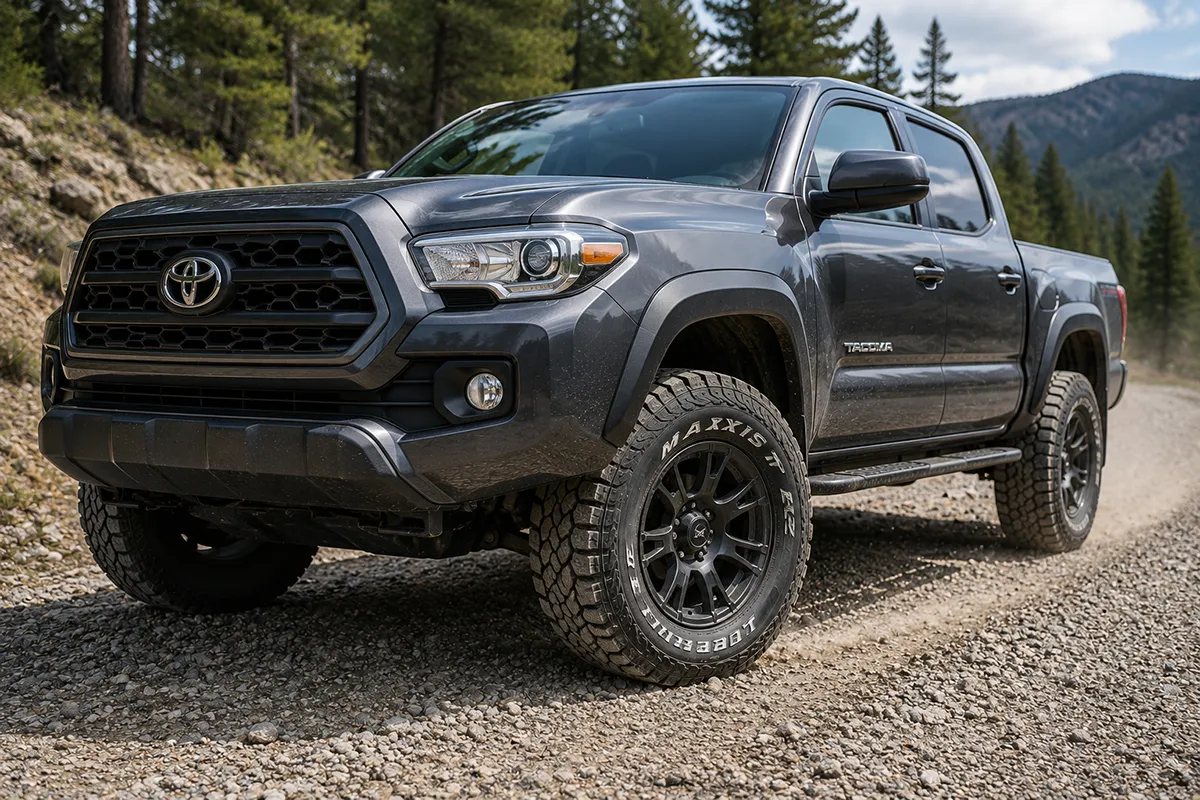 Pickup truck fitted with Maxxis Razr AT all-terrain tires on a gravel road