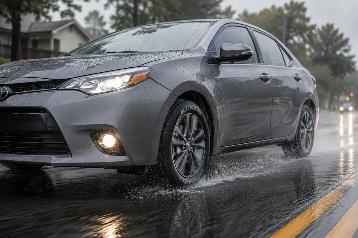 Compact sedan fitted with Blackhawk Street-H HH11 all-season tires driving in the rain