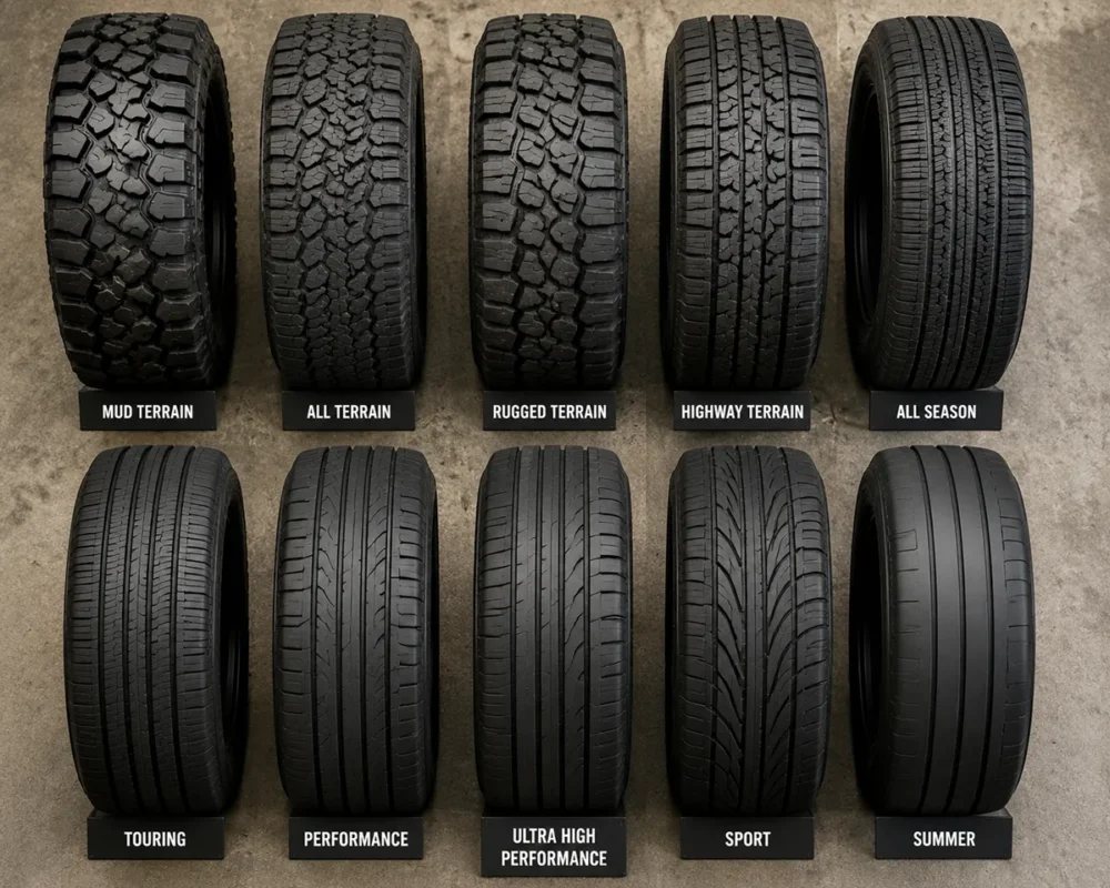 Flat lay of different Lexani tire tread patterns from off-road to street performance