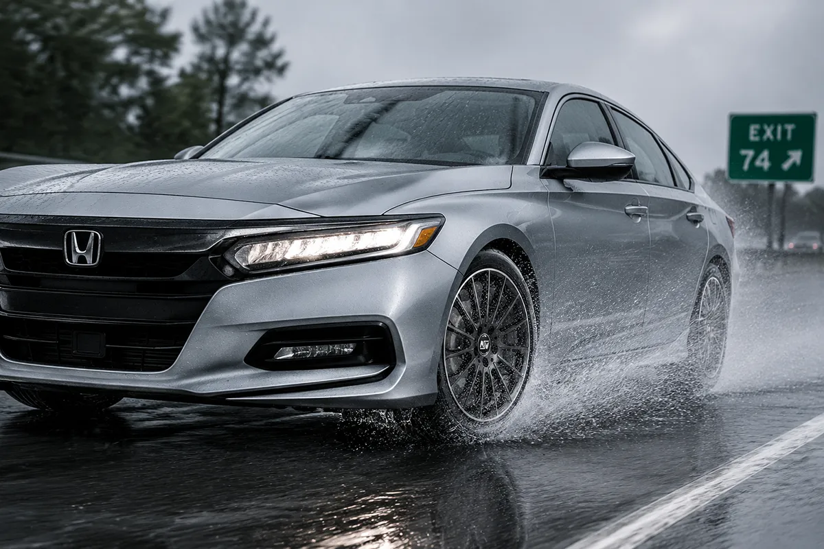 Bridgestone Turanza Everdrive tire driving through standing water on a wet highway