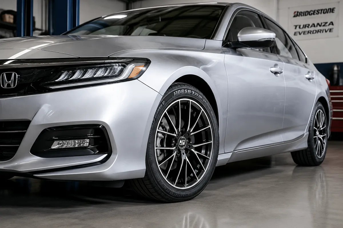 Bridgestone Turanza Everdrive tire mounted on a silver Honda Accord