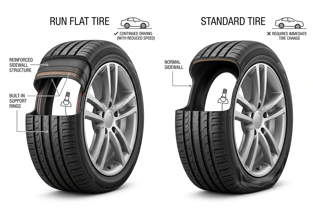 Cross-section diagram of a run flat tire showing reinforced sidewall structure compared to a standard tire