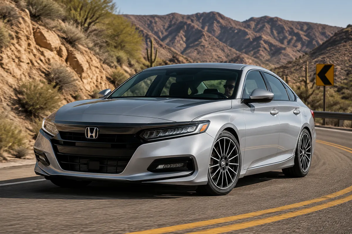 Honda Accord with Bridgestone Turanza Everdrive tires cornering on a dry mountain road in Arizona