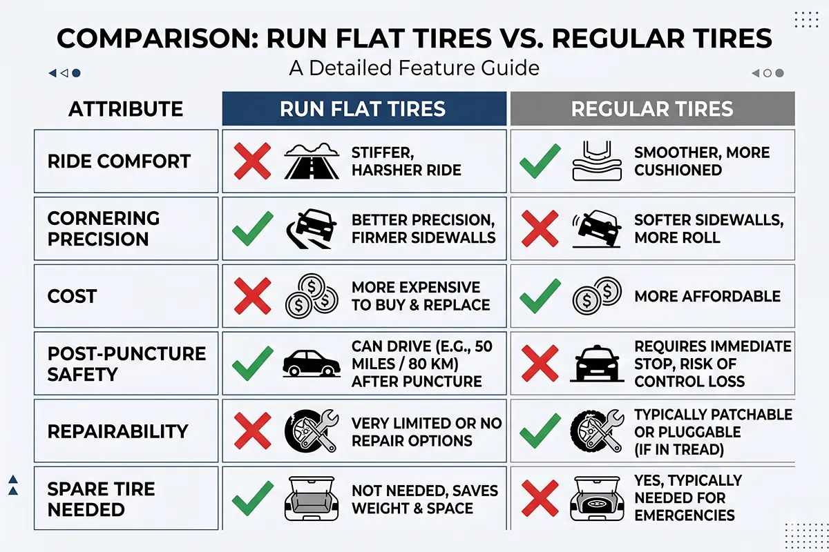 Side-by-side comparison chart of run flat tires versus regular tires showing cost, ride quality, performance, and repair options" Image generation prompt: "Clean, modern comparison infographic on a white background. Two columns: left side 'Run Flat Tires' with a dark blue header, right side 'Regular Tires' with a gray header. Rows compare: Ride Comfort (regular wins), Cornering Precision (run flat wins), Cost (regular wins), Post-Puncture Safety (run flat wins), Repairability (regular wins), Spare Tire Needed (run flat wins). Use green checkmarks and red X marks for visual clarity. Sans-serif font, minimal design, no people.
