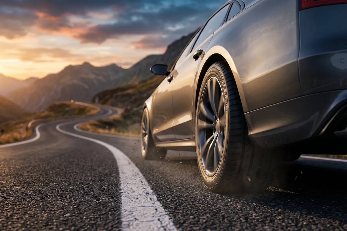 Sports car with V or W rated tires on a road