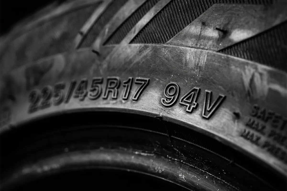 Tire sidewall close-up showing speed rating letter