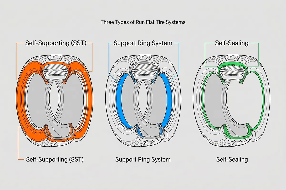 Three types of run flat tire systems: self-supporting sidewall, support ring system, and self-sealing liner" Image generation prompt: "Clean educational illustration showing three tire cross-sections side by side on a light gray background. First tire labeled 'Self-Supporting (SST)' with thick reinforced sidewalls highlighted in orange. Second tire labeled 'Support Ring System' showing an internal polymer ring highlighted in blue. Third tire labeled 'Self-Sealing' with a visible sticky sealant layer just inside the tread, highlighted in green. Minimal, modern diagram style with clean sans-serif labels. No people. Technical yet accessible aesthetic.