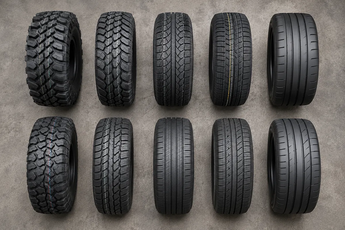 Flat lay of different Atturo tire tread patterns from mud-terrain to street performance