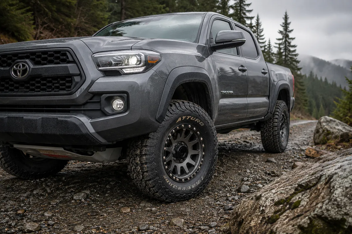 Toyota Tacoma fitted with Atturo Trail Blade A/T all-terrain tires on a gravel road