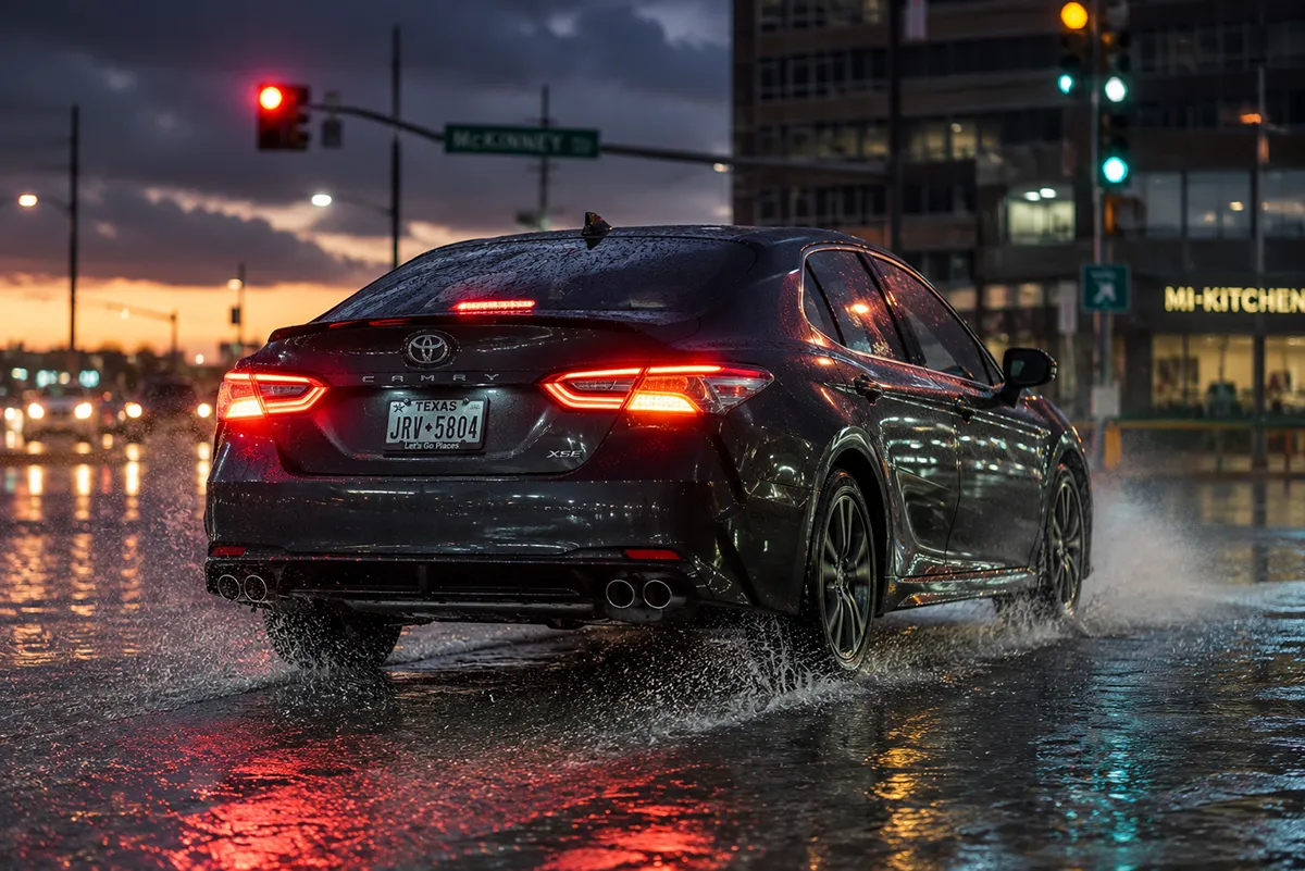 Vehicle fitted with Michelin e.Primacy All Season tires driving through a rainy intersection
